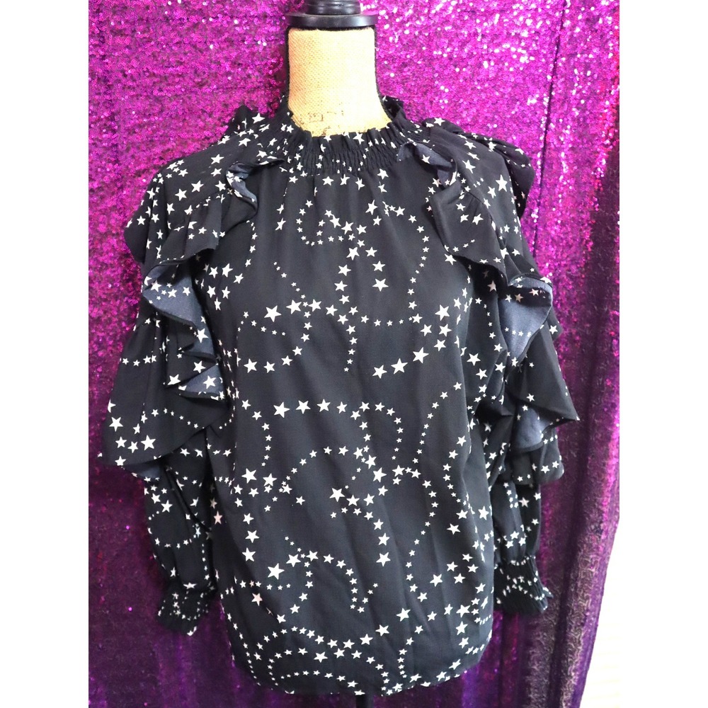 Black Star Ruffle Blouse 2/M Maje Women Celestial Smocked Neck Long Sleeve Top
